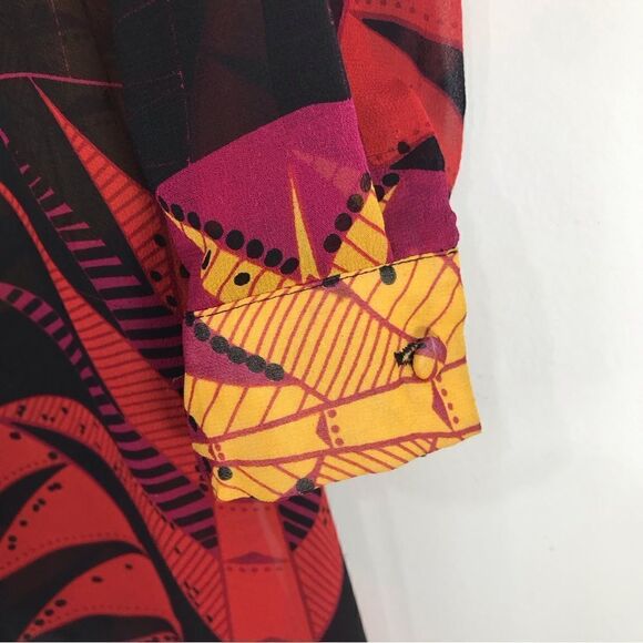Nieves Lavi 100% Silk Black Red Yellow Tribal Tropical Semi Sheer Tunic Blouse - Picture 6 of 12